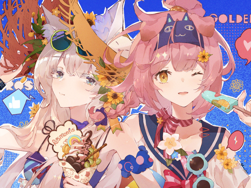 2girls animal_ear_fluff arknights bangs braid cat_girl chinese_commentary closed_mouth eyewear_on_head goldenglow_(arknights) green_eyes highres multiple_girls nachtschatten670 one_eye_closed parted_lips pink_hair rosmontis_(arknights) swimsuit white_hair yellow_eyes
