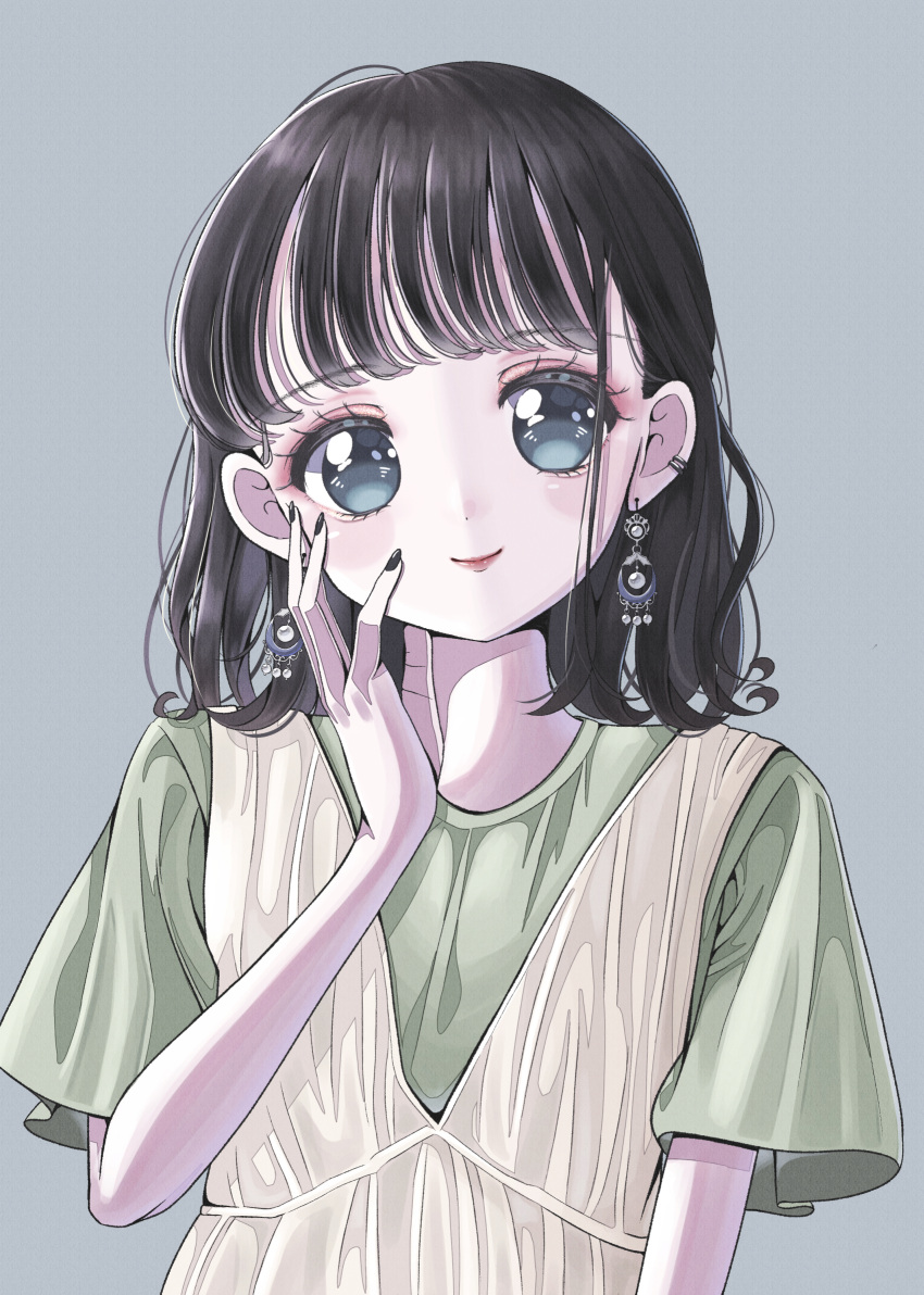 1girl bangs black_hair black_nails blue_eyes blush brown_dress dress earrings eyeshadow green_shirt grey_background hair_behind_ear hand_on_own_cheek hand_on_own_face head_tilt highres jewelry makeup medium_hair milon_cas original red_eyeshadow shirt smile solo upper_body