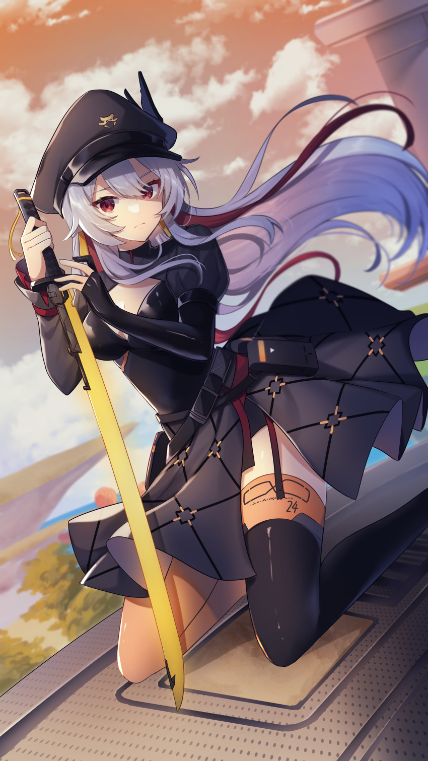 1girl absurdres black_dress black_gloves black_thighhighs blurry blurry_background breasts claudia_(tower_of_fantasy) dress dusk elbow_gloves expressionless gloves hat highres holding holding_sword holding_weapon long_hair looking_at_viewer medium_breasts multicolored_hair outdoors red_eyes shirase_(shirose) sword thigh-highs tower_of_fantasy weapon