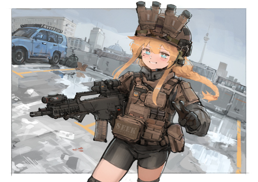 1girl absurdres artist_request bike_shorts black_gloves black_shorts blonde_hair blue_eyes blush braid braided_ponytail bulletproof_vest car city cow gloves ground_vehicle gun headset helmet highres holding holding_gun holding_weapon indie_virtual_youtuber load_bearing_equipment load_bearing_vest long_hair long_sleeves military military_helmet motor_vehicle night_vision_device open_mouth outdoors second-party_source shorts smile solo tactical_clothes teeth v virtual_youtuber weapon whiskey_project