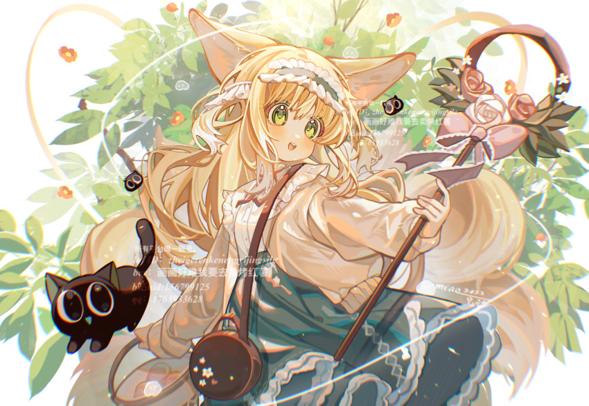 1girl :d animal animal_ears arknights bag bangs black_cat blonde_hair blue_hairband blue_skirt blush bow brown_jacket cat commentary_request crossover flower fox_ears fox_girl fox_tail frilled_hairband frills green_eyes hair_between_eyes hairband heixiu highres holding jacket kitsune long_hair long_sleeves luoxiaohei miao_(sisheng) neck_ribbon open_clothes open_jacket pink_bow procreate_(medium) puffy_long_sleeves puffy_sleeves red_flower red_ribbon ribbon rose shirt shoulder_bag skirt sleeves_past_wrists smile suzuran_(arknights) suzuran_(spring_praise)_(arknights) tail teeth the_legend_of_luo_xiaohei upper_teeth very_long_hair white_flower white_rose white_shirt