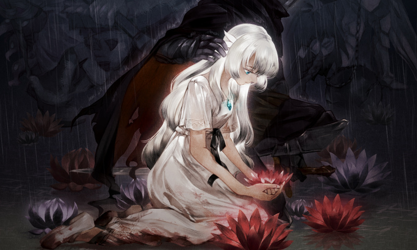 1boy 1girl armor bangs blue_eyes cape cloak dress ender_lilies_quietus_of_the_knights full_armor highres hood hooded_cape hooded_cloak kneeling knight lily_(ender_lilies) long_hair looking_down pearjarrr rain sidelocks solo_focus umbral_knight_(ender_lilies) water_lily_flower white_dress white_hair