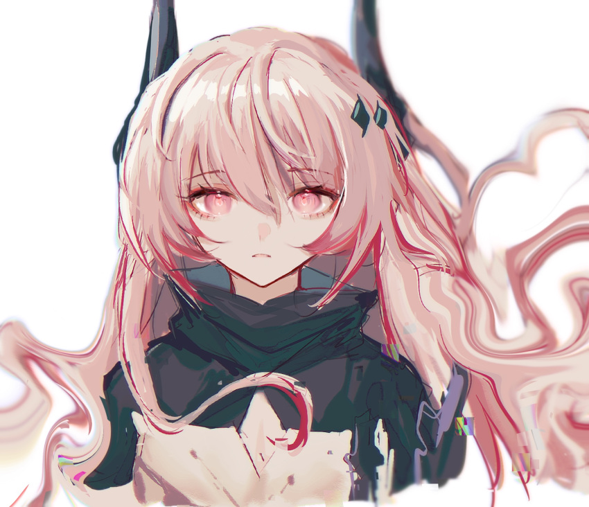 1girl anpoai arknights demon_girl demon_horns frown hair_between_eyes hair_ornament highres horns long_hair looking_at_viewer pink_eyes pink_hair portrait simple_background solo straight-on theresa_(arknights) white_background