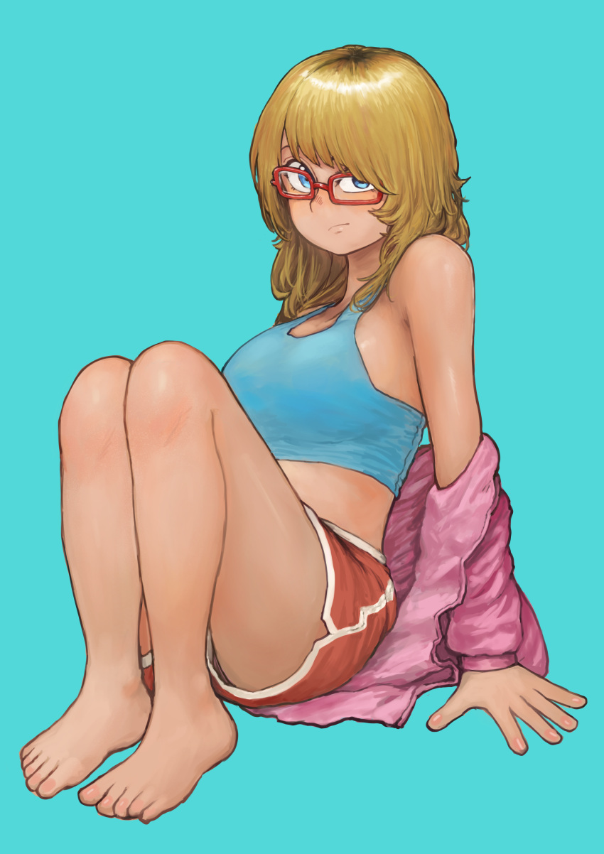 1girl absurdres bare_shoulders blonde_hair blue_background blue_eyes chanta_(ayatakaoisii) closed_mouth crop_top dolphin_shorts glasses highres jacket light_frown looking_at_viewer original red-framed_eyewear red_shorts shorts simple_background sitting solo