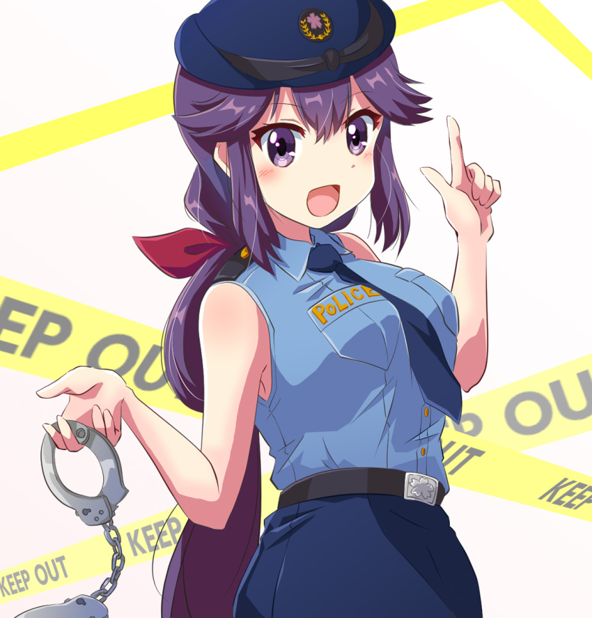 1girl :d bare_arms bare_shoulders black_necktie blue_shirt blue_skirt blush breasts collared_shirt cowboy_shot cuffs hair_flaps handcuffs hat highres holding holding_handcuffs index_finger_raised long_hair looking_at_viewer low_ponytail machikado_mazoku mature_female medium_breasts n88_colpla necktie open_mouth pencil_skirt police police_hat police_uniform policewoman purple_hair shirt skirt sleeveless sleeveless_shirt smile solo uniform violet_eyes w_arms yoshida_seiko