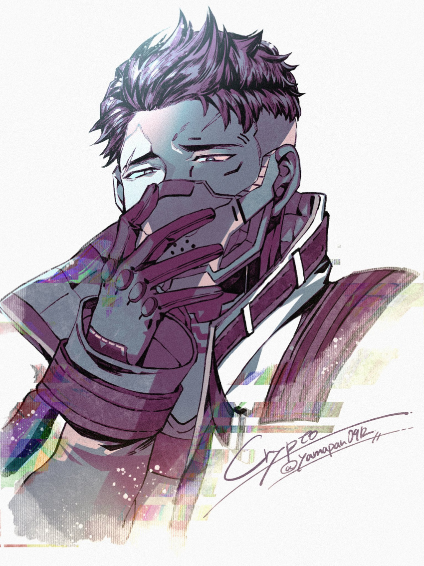 1boy animification apex_legends character_name crypto_(apex_legends) eyebrow_cut gloves highres machine_language_crypto male_focus mask mouth_mask mozuwaka official_alternate_costume portrait short_hair solo twitter_username undercut white_background