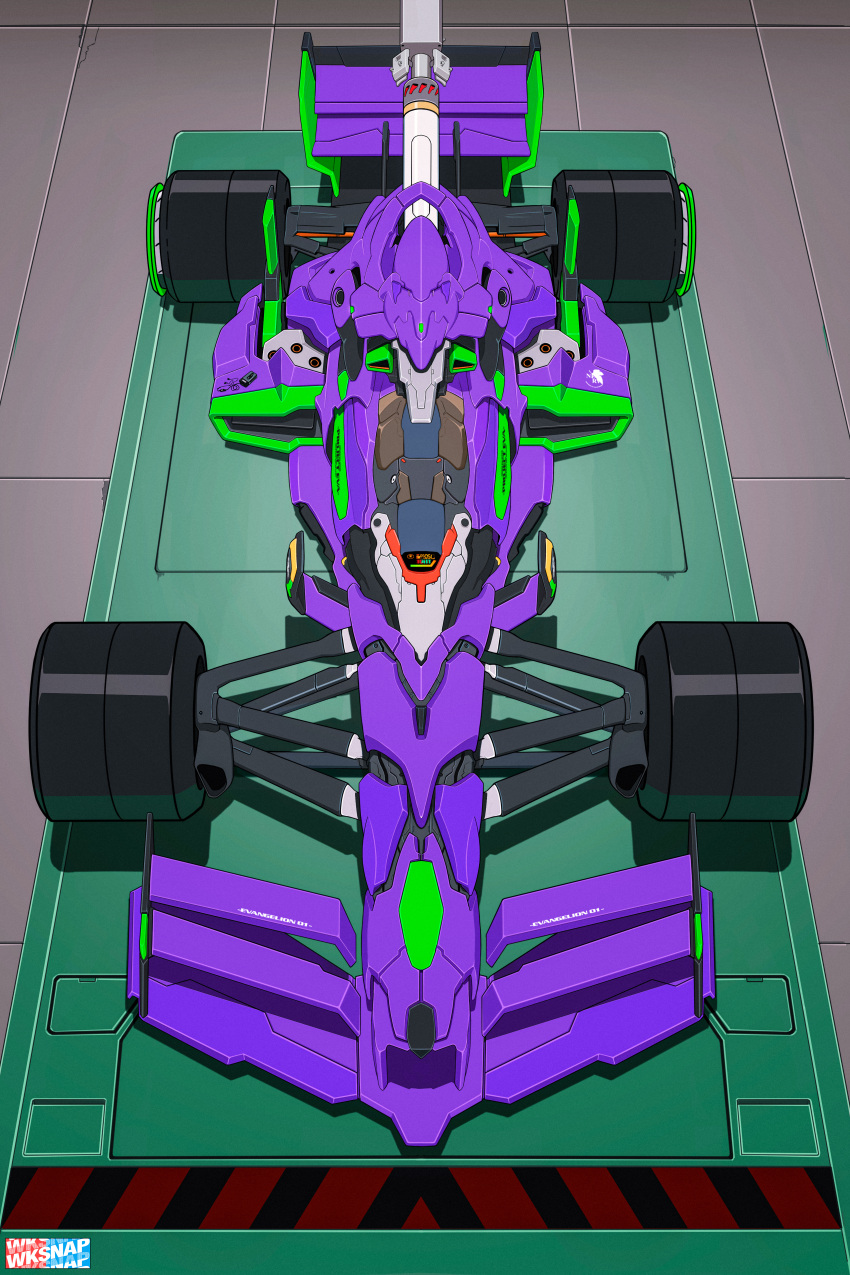 absurdres artist_logo car commentary english_commentary eva_01 formula_one from_above ground_vehicle highres incredibly_absurdres motor_vehicle neon_genesis_evangelion no_humans race_vehicle racecar seat solo spoiler_(automobile) vehicalization vehicle_focus walter_kim wheel