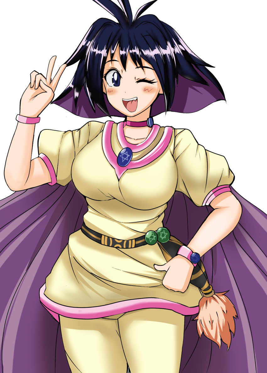 1girl absurdres amelia_wil_tesla_seyruun bangs belt black_hair blush breasts cape hand_up hexagram highres jewelry medium_breasts multicolored_hair nanoder one_eye_closed open_mouth pants purple_hair shirt short_hair simple_background skirt slayers smile solo two-tone_hair v white_background wristband yellow_cape yellow_pants yellow_shirt