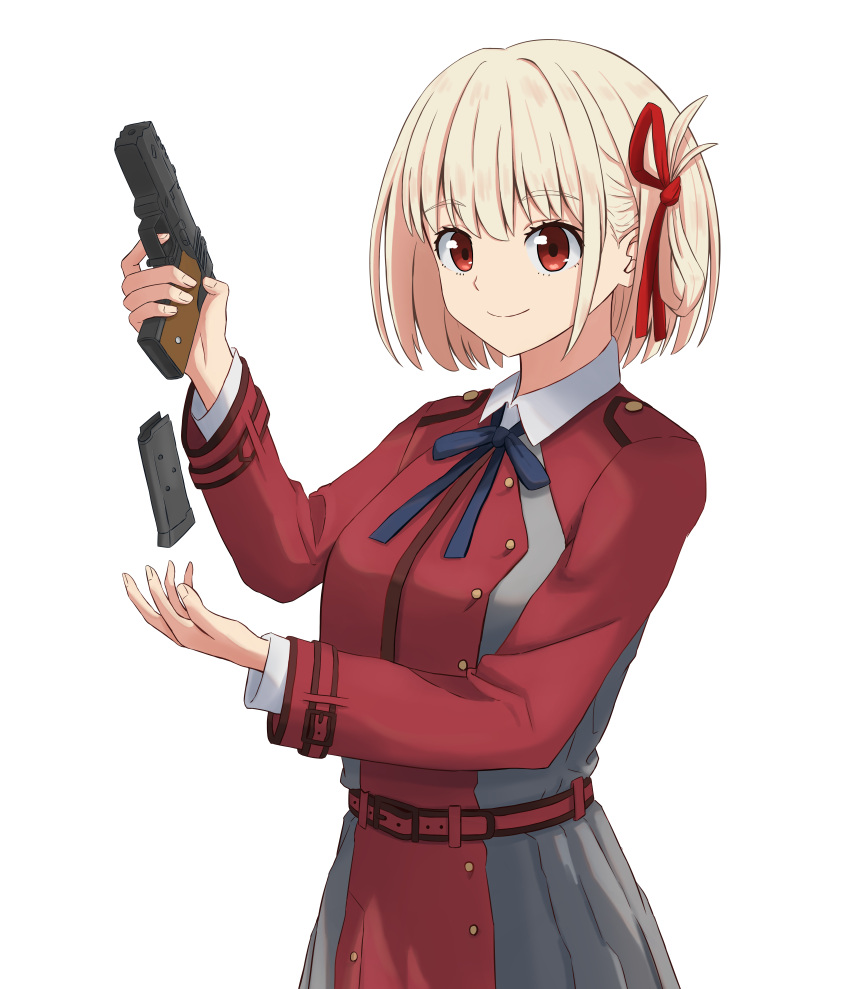 1girl absurdres bangs belt blonde_hair blue_ribbon bob_cut closed_mouth collared_shirt dress grey_dress gun hair_ribbon handgun highres holding holding_gun holding_weapon long_sleeves lycoris_recoil lycoris_uniform magazine_(weapon) magazine_ejection neck_ribbon nishikigi_chisato pleated_dress red_belt red_dress red_eyes red_ribbon ribbon shirt short_hair simple_background smile solo torigon two-tone_dress upper_body weapon white_background white_shirt