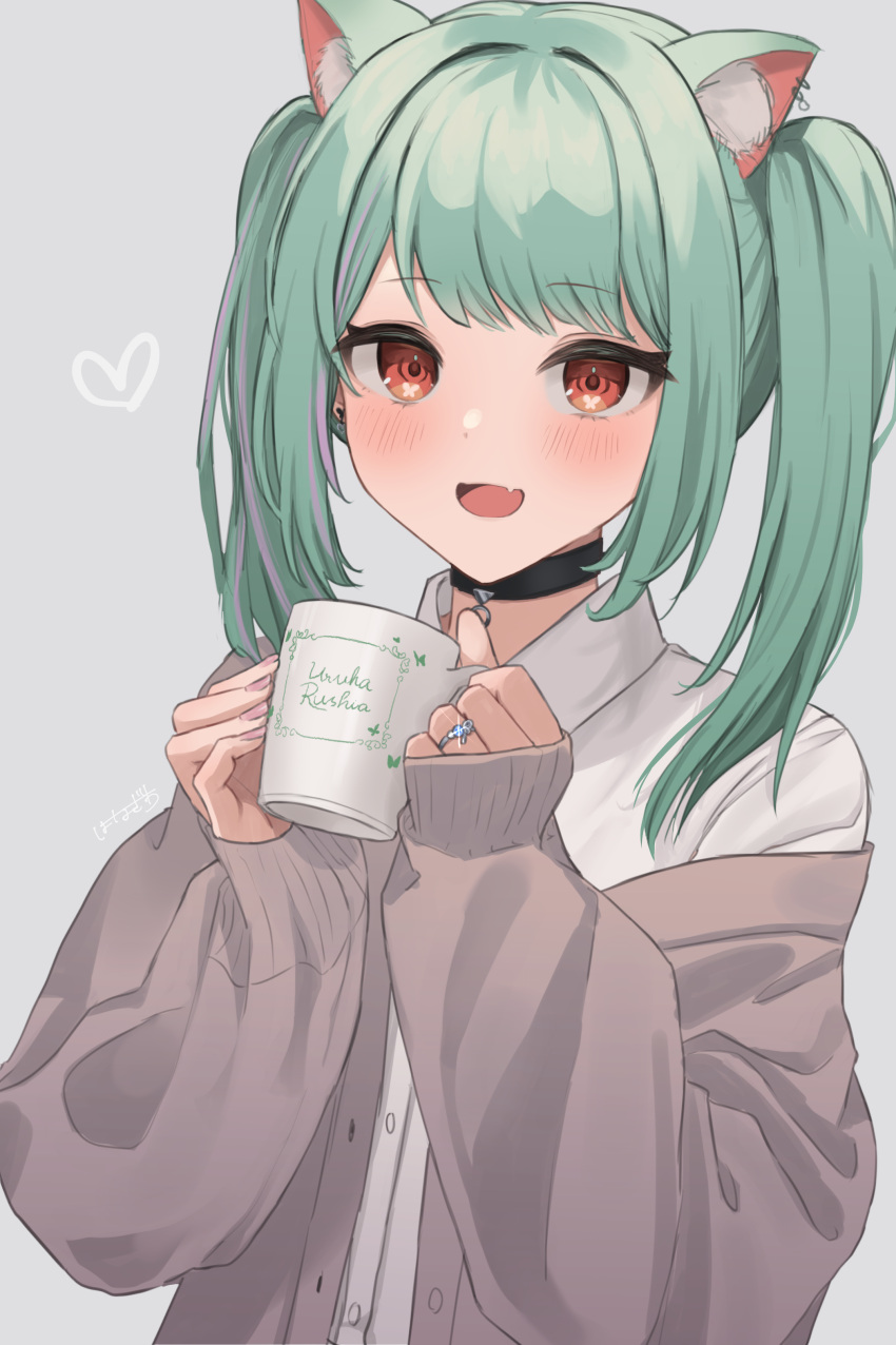 1girl :d absurdres animal_ears blush cardigan cat_ears choker coffee_mug commentary_request cup fang green_hair grey_background hanazawa_ma highres hololive jewelry long_hair long_sleeves looking_at_viewer mug open_cardigan open_clothes red_eyes ring signature simple_background skin_fang smile solo twintails upper_body uruha_rushia virtual_youtuber