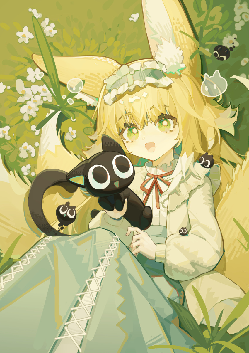 1girl :d absurdres animal animal_ears arknights bangs black_cat blonde_hair blue_hairband blue_skirt cat commentary_request crossover flower fox_ears fox_girl fox_tail frilled_hairband frills green_eyes hair_between_eyes hairband heixiu highres jacket kitsune long_hair long_sleeves looking_at_viewer luobuyuyan luoxiaohei neck_ribbon on_grass open_clothes open_jacket puffy_long_sleeves puffy_sleeves red_ribbon ribbon shirt skirt smile suzuran_(arknights) suzuran_(spring_praise)_(arknights) tail the_legend_of_luo_xiaohei white_flower white_jacket white_shirt
