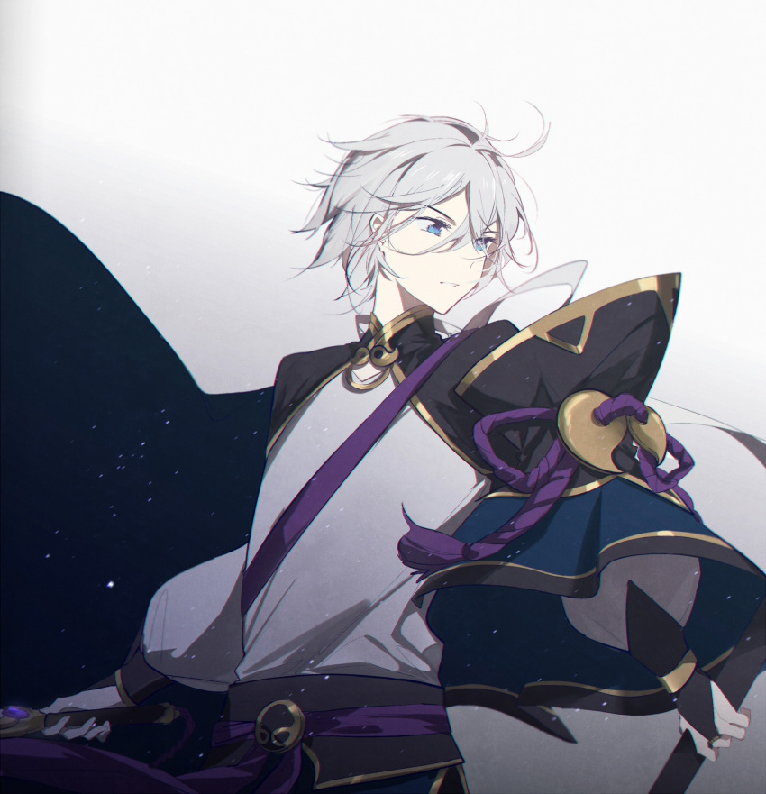 1boy aqua- bangs black_gloves blue_eyes bridal_gauntlets chinese_clothes fate/grand_order fate_(series) gloves gold_trim gradient gradient_background grey_hair hair_between_eyes highres holding light_particles long_sleeves looking_away magatama male_focus no_mask parted_lips prince_of_lan_ling_(fate) shirt short_hair solo upper_body