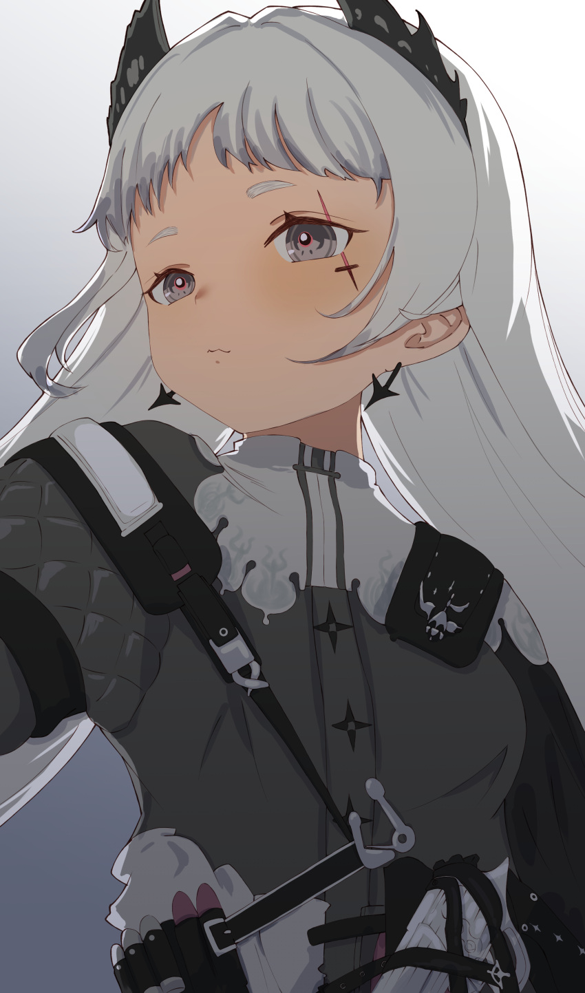 1girl absurdres ammunition_belt arknights bangs binware bullet commentary_request earrings grey_eyes grey_hair head_wings highres irene_(arknights) jewelry long_hair looking_away scar scar_across_eye scar_on_face simple_background solo white_background