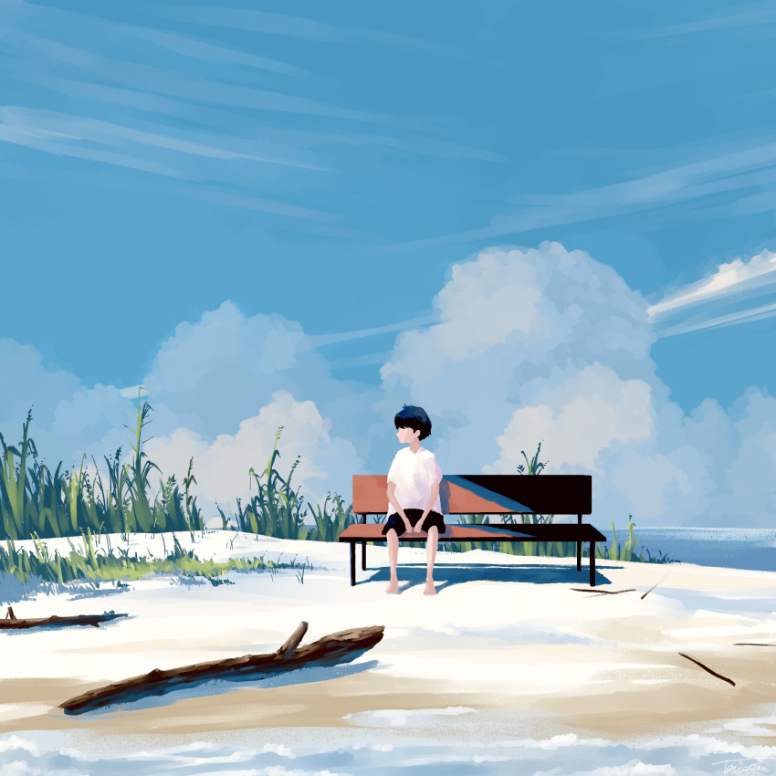 1boy bench black_hair black_shorts branch child clouds day highres male_child male_focus no_shoes no_socks ocean on_bench original outdoors scenery shirt shorts sitting sitting_on_bench sky solo stick summer t-shirt taizo4282 white_shirt