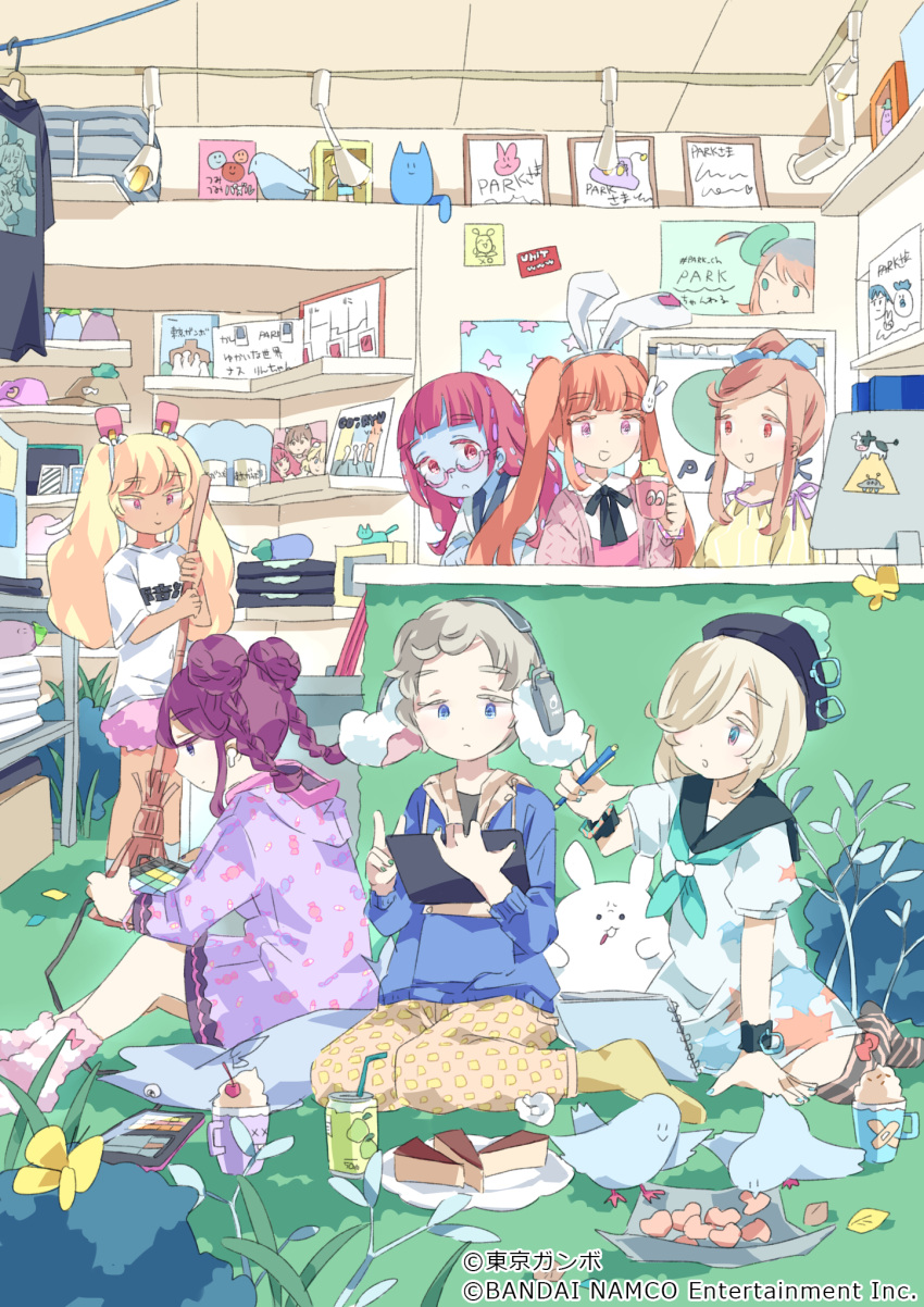 animal_ears blue_eyes bow braid cellphone choker denonbu double_bun food grey_hair hair_bow hair_bun hair_ornament hairclip hat highres hood hoodie inubousaki_shian jacket long_hair long_sleeves minakami_hina multiple_girls official_art open_mouth orange_hair park_harajuku:_crisis_team! phone pink_eyes rabbit_ears sailor_collar sakurano_mimito school_uniform serafuku shirt smartphone standing tanaka_mugi tokyo_gambo twin_braids twintails violet_eyes white_shirt