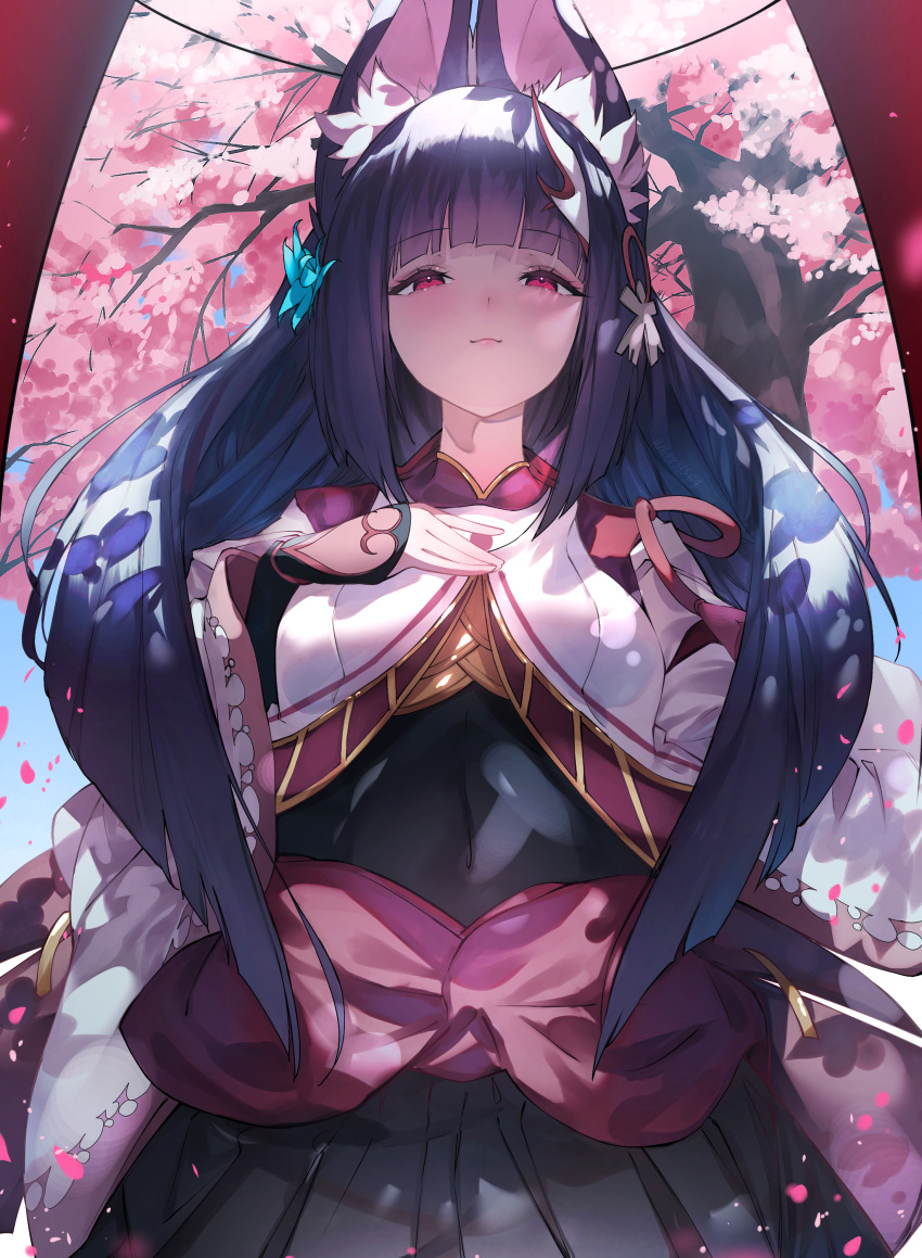 1girl :3 absurdres animal_ear_fluff animal_ears bangs black_hair black_skirt blunt_bangs cherry_blossoms covered_navel falling_petals fox_ears from_below hair_ornament highres japanese_clothes kimono long_hair looking_at_viewer original petals red_eyes shrug_(clothing) skirt solo tree w_(w64851564) white_kimono wide_sleeves