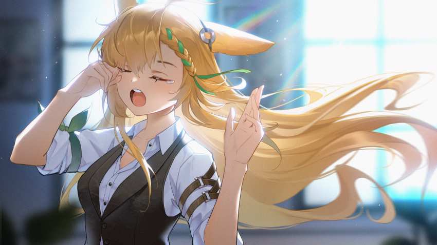1girl :o animal_ears arknights bangs black_vest blonde_hair blurry blurry_background braid braided_bangs breasts closed_eyes collarbone collared_shirt commentary_request day depth_of_field dress_shirt facing_viewer floating_hair hair_between_eyes hands_up highres indoors kroos_(arknights) kroos_the_keen_glint_(arknights) lens_flare long_hair open_mouth shirt short_sleeves small_breasts solo sunlight teeth upper_body upper_teeth very_long_hair vest white_shirt window yiyuwusheng1