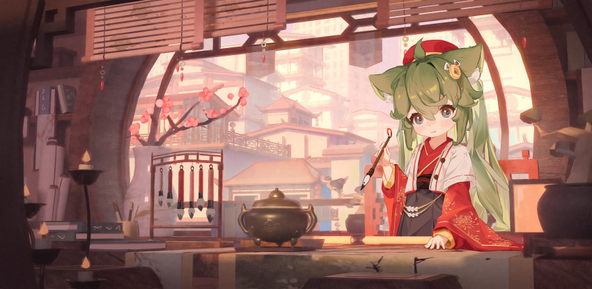 1girl absurdres animal_ear_fluff animal_ears architecture bangs blue_eyes blush book calligraphy_brush candle cherry_blossoms closed_mouth commentary_request day east_asian_architecture flower_pot gold_trim green_hair hand_up highres holding indoors japanese_clothes kimono long_hair original paintbrush pen red_headwear red_kimono shadow shijiuuuuuuu shiny shiny_hair sidelocks solo twintails wide_sleeves window