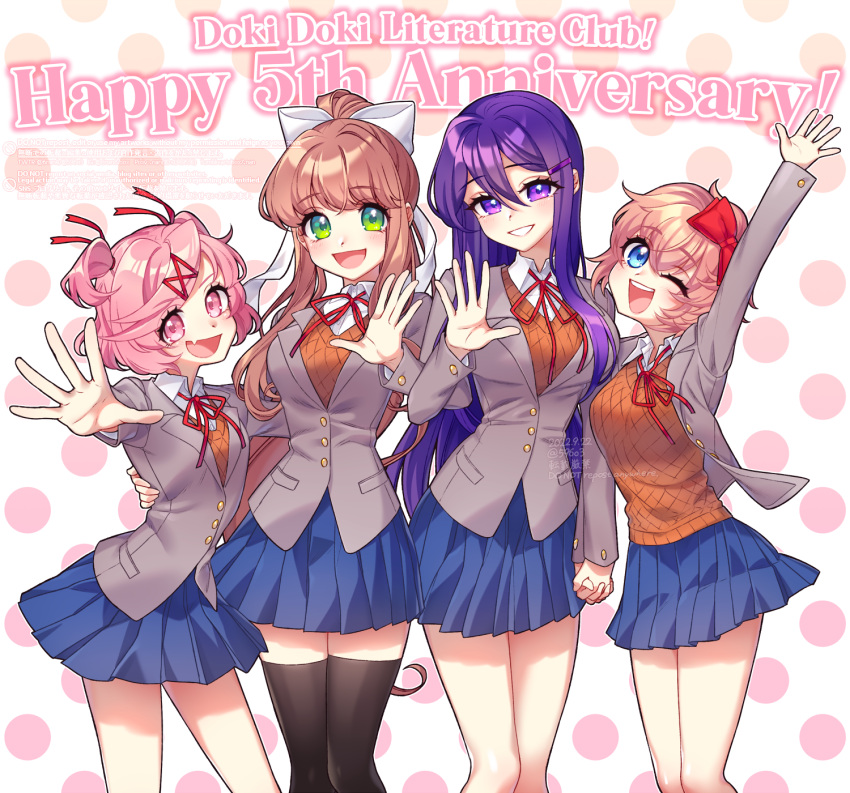 4girls :d ;d anniversary arm_up bangs black_thighhighs blue_eyes blue_skirt bow brown_hair brown_vest commentary_request copyright_name doki_doki_literature_club english_text eyes_visible_through_hair fang green_eyes grey_jacket hair_between_eyes hair_bow hair_ornament hair_ribbon hairclip hand_on_another's_back highres holding_hands interlocked_fingers jacket long_hair long_sleeves looking_at_viewer milestone_celebration monika_(doki_doki_literature_club) multiple_girls nan_(gokurou) natsuki_(doki_doki_literature_club) neck_ribbon one_eye_closed open_clothes open_jacket open_mouth pink_eyes pink_hair pleated_skirt polka_dot polka_dot_background ponytail purple_hair red_bow red_ribbon ribbon sayori_(doki_doki_literature_club) school_uniform shirt short_hair simple_background skin_fang skirt smile swept_bangs thigh-highs two_side_up very_long_hair vest violet_eyes watermark waving white_ribbon white_shirt wing_collar yuri_(doki_doki_literature_club) zettai_ryouiki