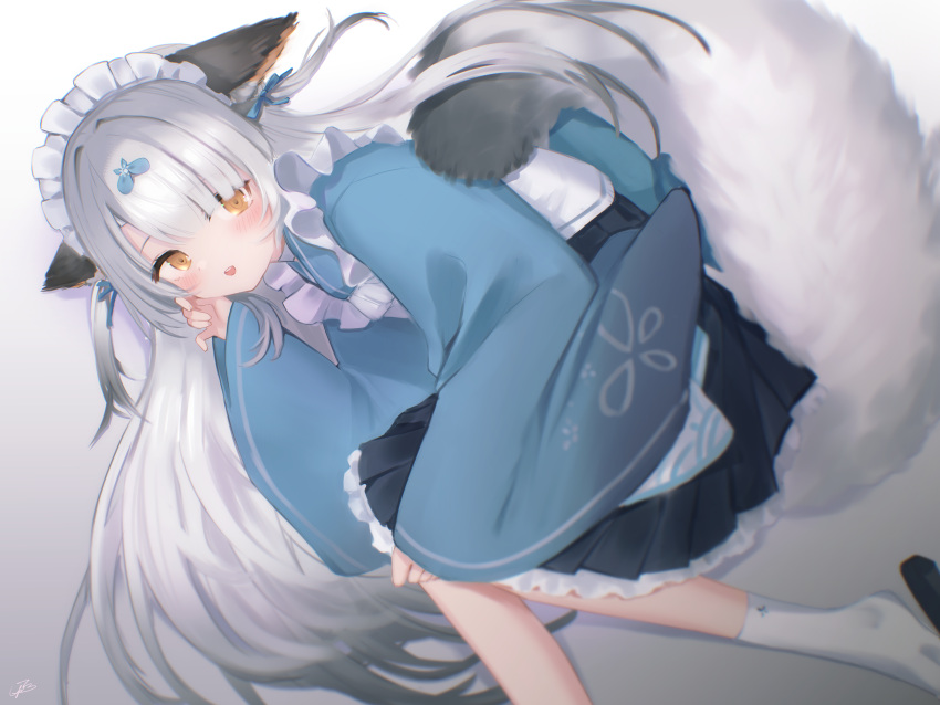 1girl absurdres animal_ear_fluff animal_ears azur_lane bangs black_hair blue_kimono blush frilled_kimono frilled_skirt frills geta gradient_hair grey_hair highres japanese_clothes kimono long_sleeves looking_at_viewer lying miyuki_(azur_lane) miyuki_(shopping_rendezvous)_(azur_lane) multicolored_hair official_alternate_costume on_side open_mouth pleated_skirt skirt sleeves_past_wrists smile socks solo wa_maid white_socks wide_sleeves yellow_eyes yunnasu