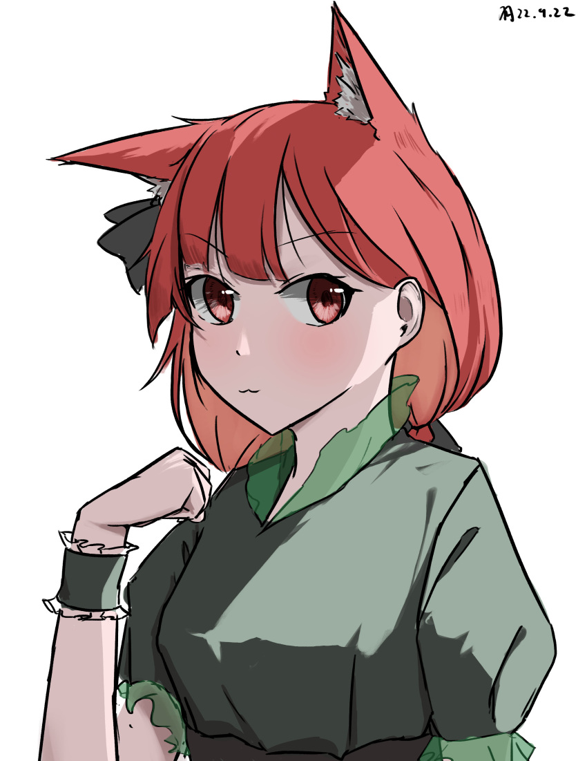 1girl :3 absurdres alternate_hairstyle animal_ear_fluff animal_ears bangs blunt_bangs cat_ears dress frills green_dress hair_behind_ear hand_up highres kaenbyou_rin looking_at_viewer puffy_short_sleeves puffy_sleeves red_eyes redhead short_sleeves simple_background solo touhou upper_body ve1024 white_background wrist_cuffs