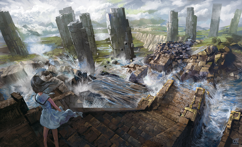 1girl architecture clouds cobblestone day dress looking_afar medium_hair noba original outdoors pillar rubble ruins scenery solo stairs water white_dress white_hair