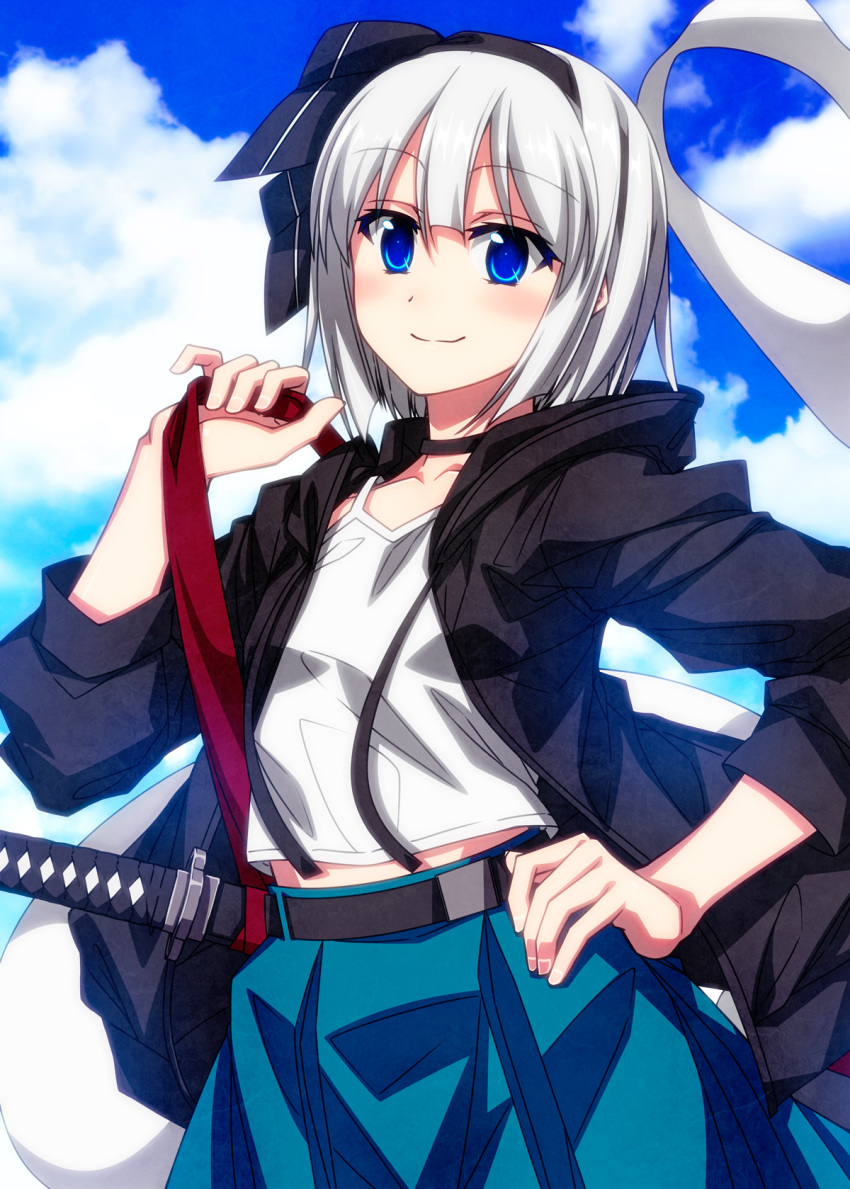 1girl alternate_costume blue_eyes bob_cut flat_chest green_skirt highres katana konpaku_youmu konpaku_youmu_(ghost) sazanami_mio scabbard sheath short_hair skirt solo sword touhou weapon white_hair