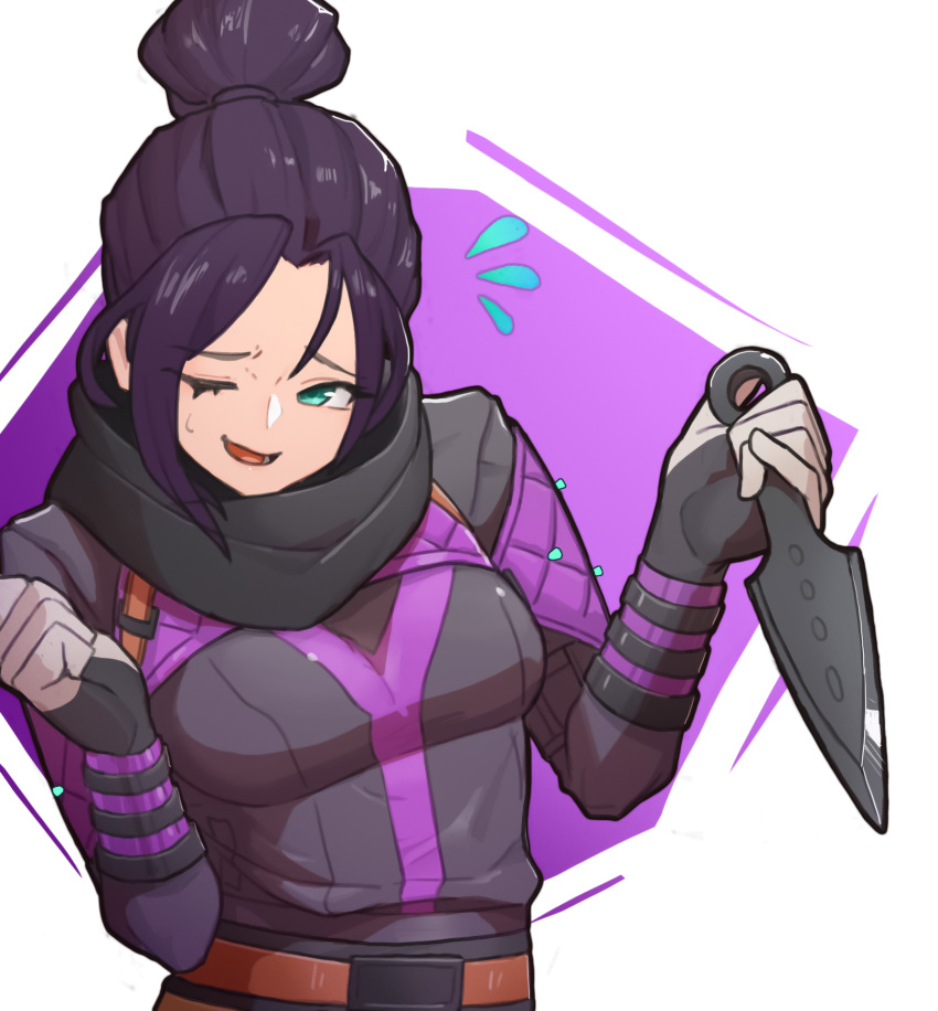 1girl animification apex_legends bangs belt black_bodysuit black_hair black_scarf blue_eyes bodysuit brown_belt hair_behind_ear hair_bun highres holding holding_knife kellila93 knife kunai looking_to_the_side one_eye_closed open_mouth parted_bangs scarf smile solo weapon wraith's_kunai wraith_(apex_legends)