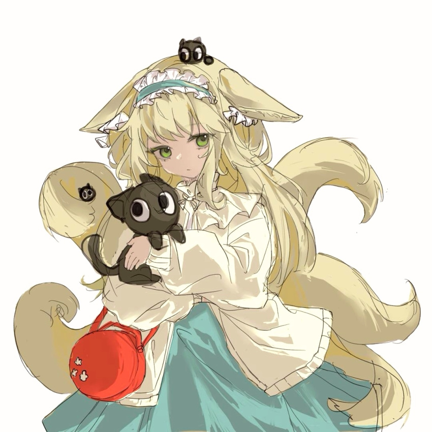 1girl animal_ear_fluff animal_ears animal_hug arknights bag bangs black_cat blonde_hair blue_hairband blue_skirt cat closed_mouth commentary_request crossover elize51816 fox_ears fox_girl fox_tail frilled_hairband frills green_eyes hairband heixiu jacket kitsune long_hair long_sleeves looking_at_viewer luoxiaohei on_head open_clothes open_jacket puffy_long_sleeves puffy_sleeves shirt shoulder_bag simple_background sketch skirt suzuran_(arknights) suzuran_(spring_praise)_(arknights) tail the_legend_of_luo_xiaohei very_long_hair white_background white_jacket white_shirt
