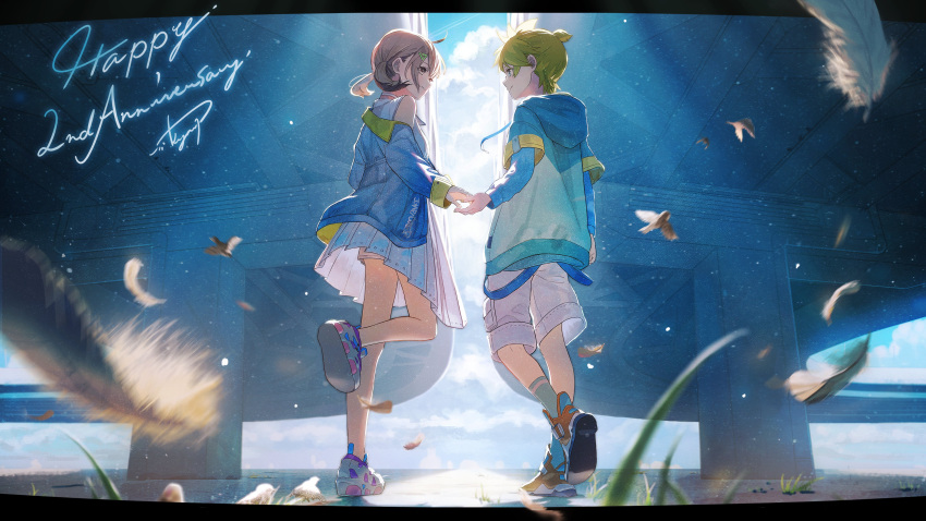 1boy 1girl absurdres aky_ami azusawa_kohane bare_shoulders blonde_hair blue_footwear blue_jacket bridge commentary_request dress falling_feathers highres holding_hands jacket kagamine_len layered_sleeves long_sleeves off_shoulder project_sekai shoes short_over_long_sleeves short_sleeves short_twintails shorts single_bare_shoulder sleeveless sleeveless_dress sneakers twintails vivid_bad_squad_(project_sekai) vocaloid walking white_dress white_shorts