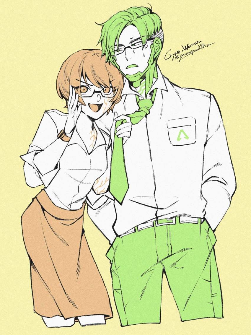 1boy 1girl apex_legends collared_shirt crypto_(apex_legends) glasses green_eyes green_hair green_necktie green_pants hand_in_pocket highres leaning_forward limited_palette looking_at_viewer mozuwaka necktie necktie_grab neckwear_grab orange_eyes orange_hair orange_skirt pants scar scar_on_cheek scar_on_face shirt short_hair skirt smile wattson_(apex_legends) white_shirt yellow_background