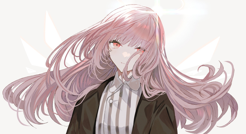 1girl absurdres arknights black_jacket blush closed_mouth collared_shirt detached_wings energy_wings grey_background halo head_tilt highres jacket lemuen_(arknights) long_hair looking_at_viewer open_clothes open_jacket pink_hair red_eyes roji_(roji_xx) shirt simple_background smile solo striped striped_shirt upper_body vertical-striped_shirt vertical_stripes white_shirt wings