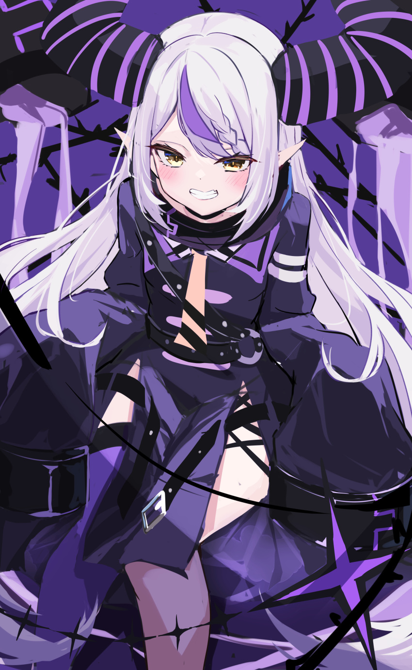 1girl absurdres ascot bangs belt black_belt blush braid coat collar demon_horns fang feet_out_of_frame grey_hair haidollo highres hololive horns la+_darknesss long_hair long_sleeves looking_at_viewer metal_collar multicolored_hair pointy_ears purple_background purple_coat purple_hair purple_thighhighs sidelocks single_thighhigh skin_fang sleeves_past_fingers sleeves_past_wrists smile solo star_(symbol) streaked_hair striped_horns swept_bangs teeth thigh-highs thighs very_long_hair virtual_youtuber yellow_ascot yellow_eyes