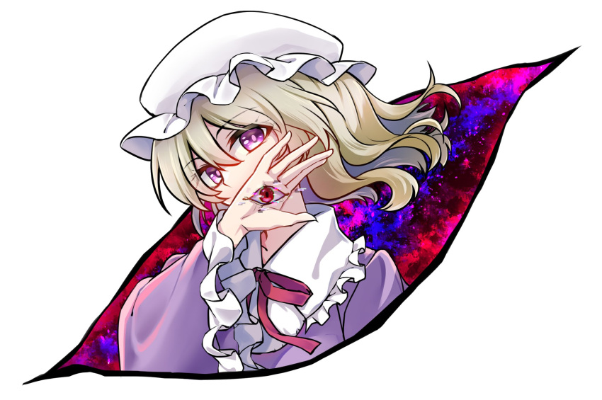 1girl bangs blonde_hair collar commentary_request dress frilled_collar frilled_sleeves frills gap_(touhou) hat highres kinese_(katasutorohu) long_sleeves looking_at_viewer maribel_hearn mob_cap neck_ribbon purple_dress red_ribbon ribbon short_hair solo third_eye touhou violet_eyes white_headwear wide_sleeves