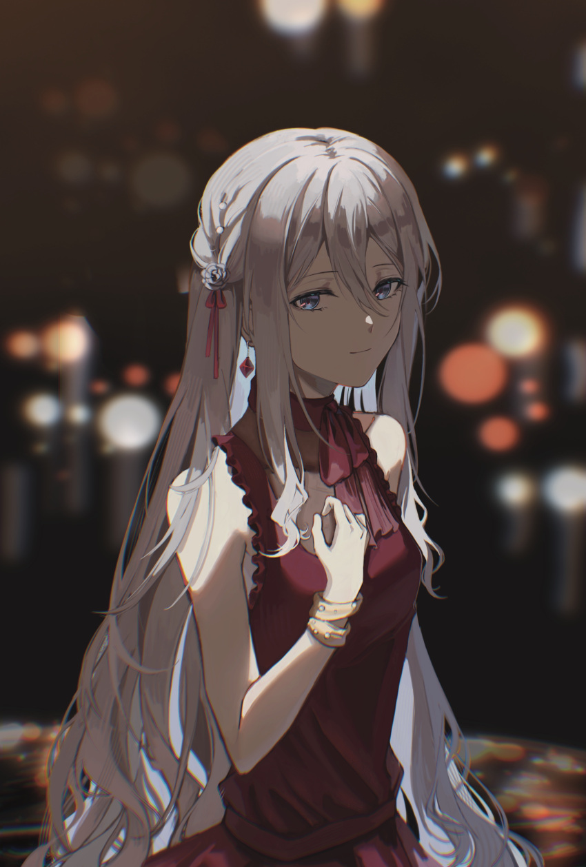 1girl absurdres bad_anatomy blue_eyes bracelet closed_mouth commentary dress earrings flower hair_flower hair_ornament hair_ribbon highres jewelry long_hair looking_at_viewer mumi_(mumicarbonic) project_sekai red_dress red_ribbon ribbon sleeveless sleeveless_dress smile solo very_long_hair white_hair yoisaki_kanade