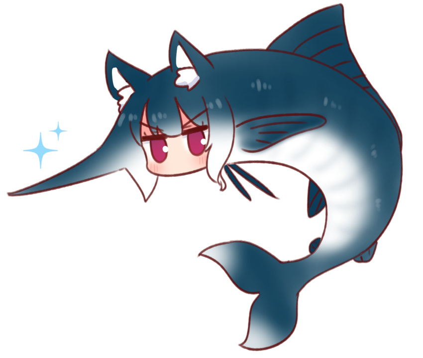 1girl animal animal_ear_fluff animal_ears animalization bangs blue_hair fish fox_ears fox_tail full_body kemomimi-chan_(naga_u) looking_at_viewer naga_u original simple_background solo sparkle swordfish tail v-shaped_eyebrows violet_eyes white_background