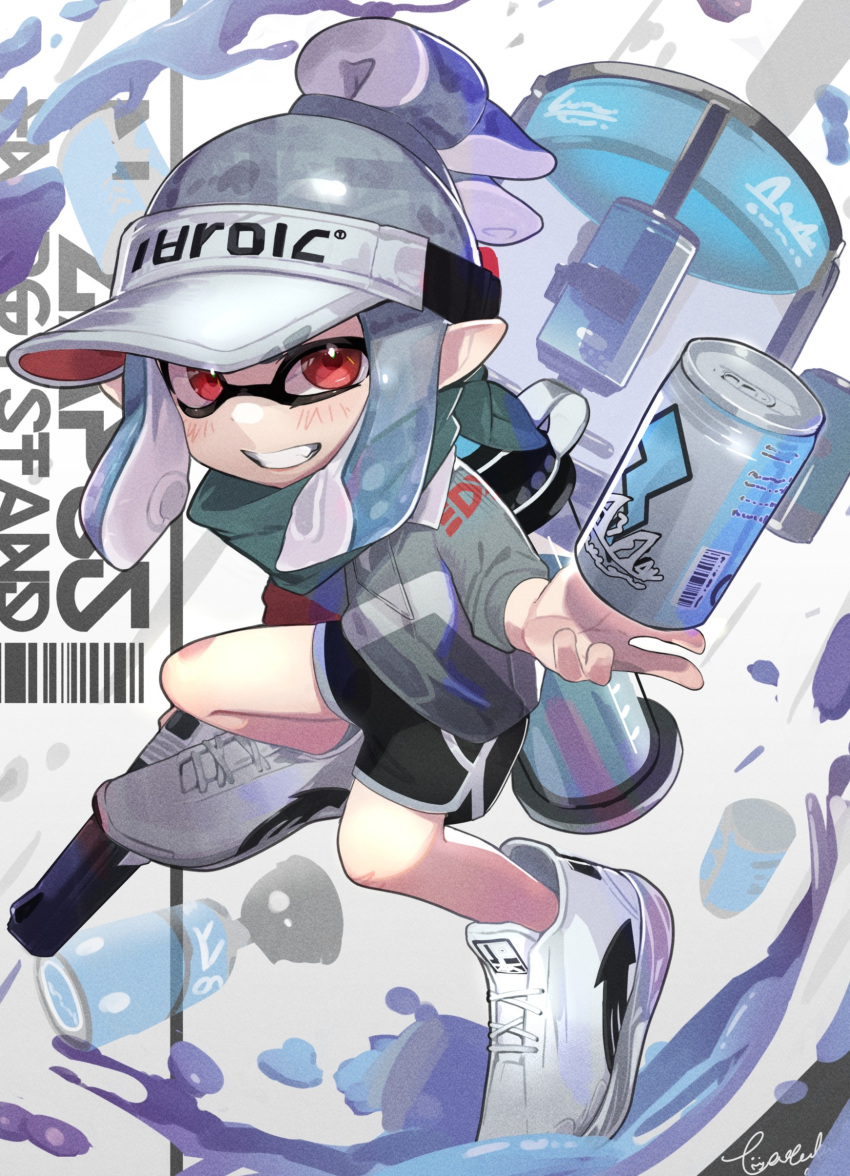 absurdres can grin gun highres holding holding_can holding_gun holding_weapon inkling n-zap_(splatoon) red_eyes scarf shoes shorts signature smile sneakers splatoon_(series) splatoon_3 suction_bomb_(splatoon) tacticooler_(splatoon) tatedano_kabae tentacle_hair visor_cap weapon