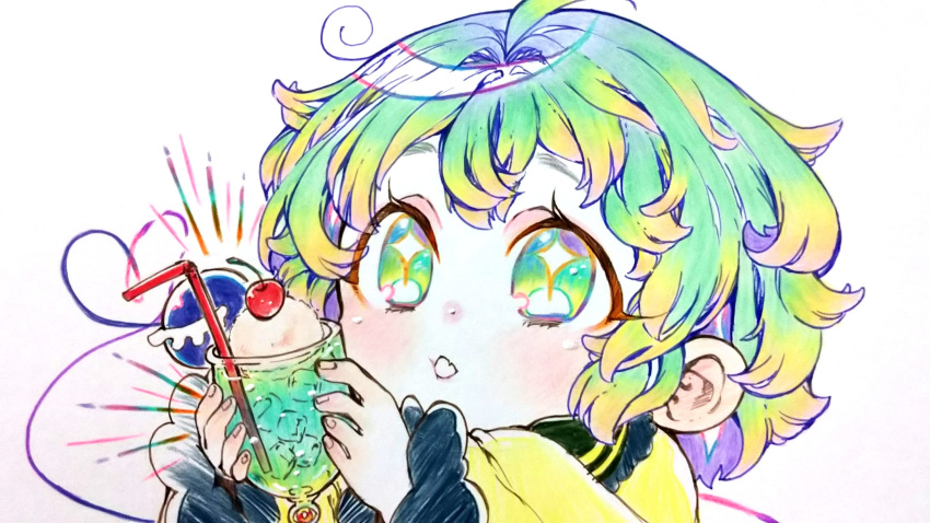 1girl absurdres ahoge blouse blush cherry colored_pencil_(medium) cup dot_nose drinking_glass drinking_straw emphasis_lines eyebrows_hidden_by_hair fingernails food frilled_shirt_collar frilled_sleeves frills fruit green_eyes green_hair heart heart_of_string highres holding holding_cup ice ice_cream ice_cube karyuu_(raoz) komeiji_koishi long_sleeves looking_at_food no_headwear open_mouth portrait shirt short_hair simple_background solo sparkling_eyes third_eye touhou traditional_media white_background yellow_shirt