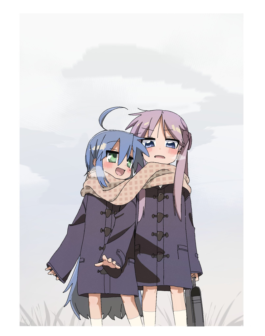 2girls :d ahoge bag black_coat black_jacket blue_hair breath coat green_eyes highres hiiragi_kagami holding holding_bag huge_ahoge izumi_konata jacket konokawa long_hair long_sleeves looking_at_another lucky_star mole mole_under_eye multiple_girls open_mouth plaid plaid_scarf purple_hair scarf shared_clothes shared_scarf simple_background smile standing violet_eyes white_background winter_clothes