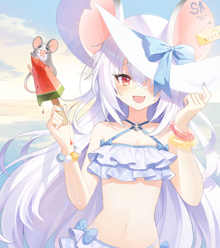 1girl absurdres alternate_costume blue_archive blush collarbone commentary_request fang food grey_hair hair_between_eyes hat highres long_hair looking_at_viewer mouse ocean open_mouth popsicle ppeach red_eyes ribbon saya_(blue_archive) sky solo swimsuit watermelon_bar