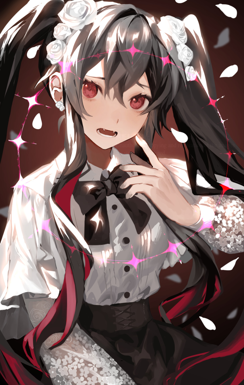 1girl bangs black_bow black_hair black_skirt bow commission english_commentary flower hair_between_eyes hair_flower hair_ornament highres iwai_ku_tsuki long_hair looking_at_viewer open_mouth original petals red_eyes rose shirt sidelocks skeb_commission skirt solo twintails white_flower white_rose white_shirt