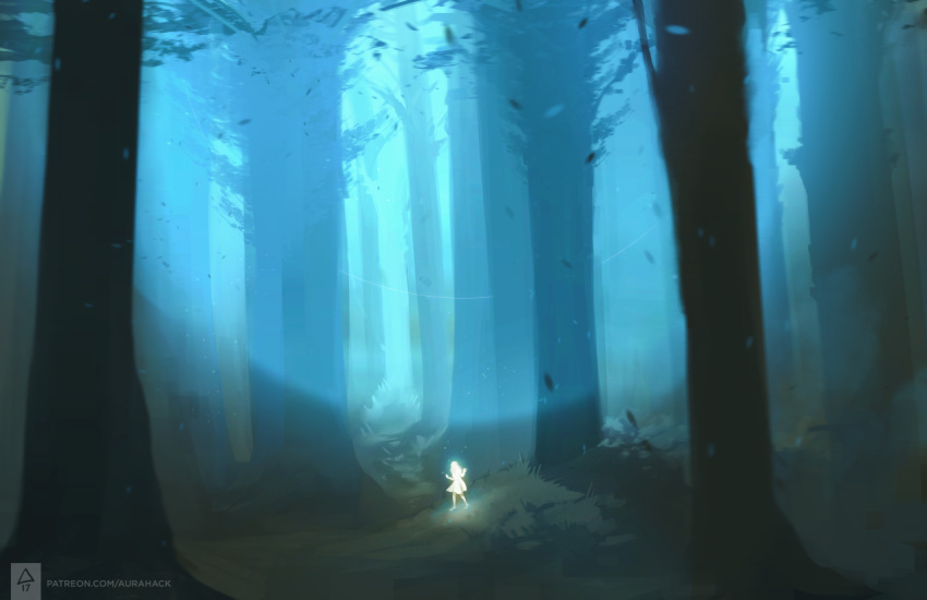 1girl aurahack blurry blurry_foreground depth_of_field dress forest glowing grass leaf moonlight nature night original outdoors patreon_username scenery silhouette solo tree watermark web_address