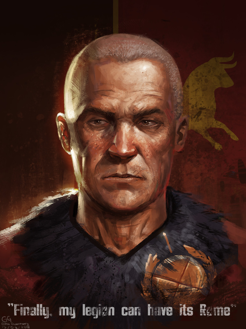 caesar_(fallout_new_vegas) deimos_art english_text fallout_(series) fallout_new_vegas flag_background fur-trimmed_collar highres non-web_source old old_man red_background red_shirt shirt short_hair white_hair