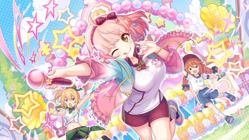 3girls baseball_cap blonde_hair blue_shorts blue_sky braid braided_ponytail breasts chieru_(princess_connect!) chieru_(school_festival)_(princess_connect!) chloe_(princess_connect!) chloe_(school_festival)_(princess_connect!) elf green_sweater grin gym_uniform hair_ornament hat hood hoodie large_breasts long_hair multiple_girls music one_eye_closed open_mouth outdoors pink_hair pink_shorts pointing pointy_ears ponytail princess_connect! school_uniform shirt short_hair shorts singing size_difference skirt sky small_breasts smile stage star-shaped_pupils star_(symbol) star_hair_ornament sweat sweater symbol-shaped_pupils teeth thumbs_up violet_eyes white_shirt yellow_eyes yuni_(princess_connect!) yuni_(school_festival)_(princess_connect!)