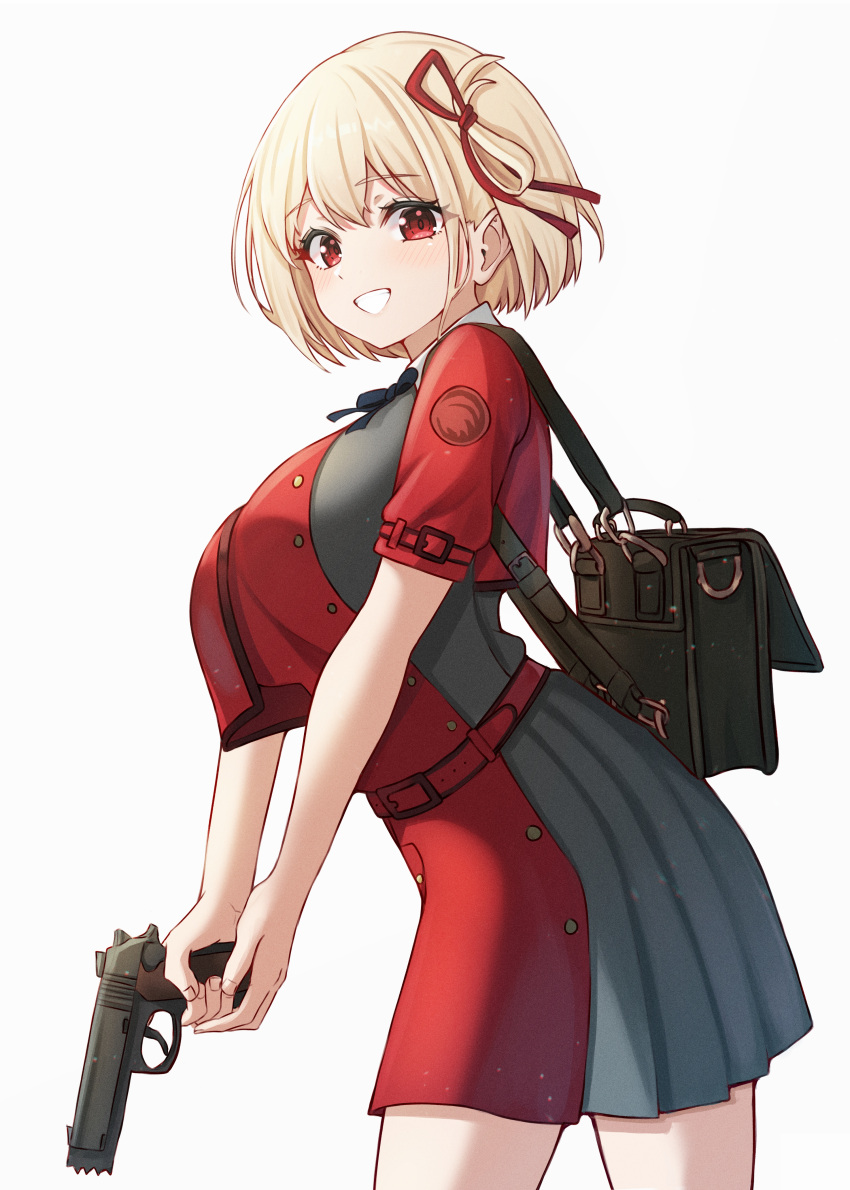 1girl absurdres bag belt blonde_hair blue_ribbon bookbag breast_curtain breast_squeeze breasts buttons classroom collared_shirt cowboy_shot double-breasted dress folded_hair grey_background grey_dress grin gun hair_between_eyes hair_ribbon handgun highres kano_(wi3028) large_breasts light_blush looking_at_viewer lycoris_recoil lycoris_uniform m1911 medium_hair neck_ribbon nishikigi_chisato outside_border pleated_dress red_dress red_eyes red_ribbon ribbon shirt short_dress short_sleeves simple_background smile solo two-tone_dress v_arms weapon white_shirt