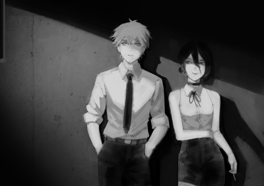 1boy 1girl better_call_saul breaking_bad chainsaw_man choker cigarette denji_(chainsaw_man) greyscale hair_between_eyes hands_in_pockets highres holding holding_cigarette monochrome necktie parody reze_(chainsaw_man) shirt short_hair sleeveless sleeveless_shirt sleeves_rolled_up smile xyanaid