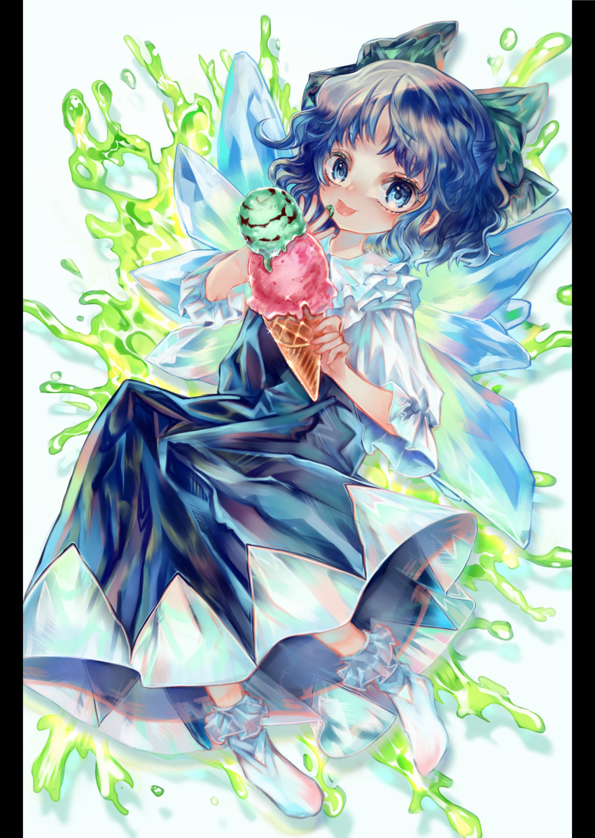 1girl :p absurdres bangs blue_dress blue_eyes blue_hair blush bobby_socks bow cirno commentary dress food frilled_shirt_collar frills full_body green_bow hair_bow highres ice ice_cream ice_cream_cone ice_wings looking_at_viewer medium_hair pillarboxed shirt sleeves_past_elbows socks solo tongue tongue_out touhou white_shirt wings zhu_xiang
