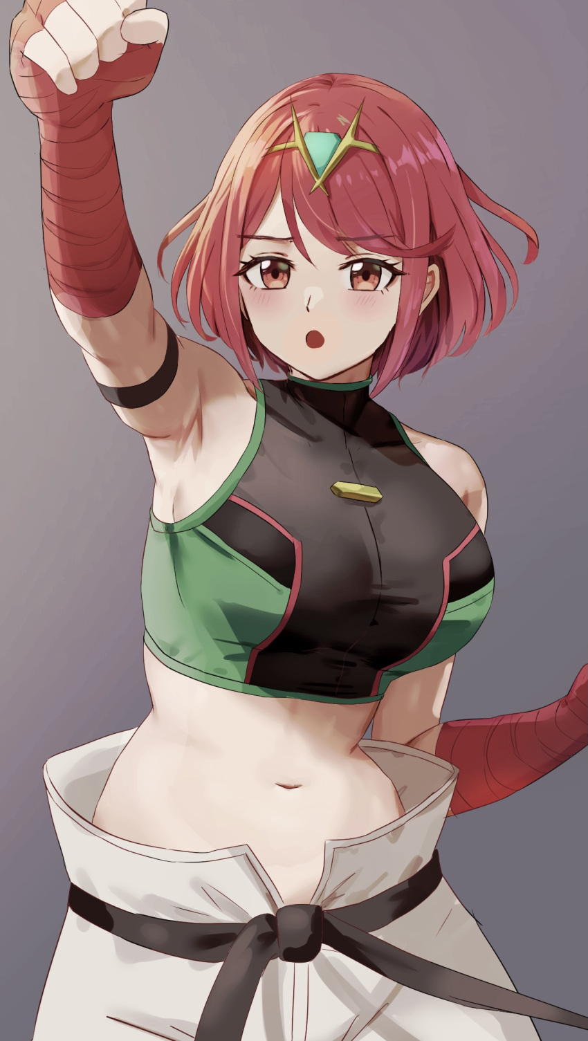 1girl amayo_thranana armpits bangs blush breasts commentary cowboy_shot crop_top dougi fingerless_gloves gloves grey_background highres karate_gi large_breasts looking_at_viewer midriff navel open_mouth pants pyra_(xenoblade) red_eyes red_gloves redhead short_hair simple_background solo swept_bangs white_pants xenoblade_chronicles_(series) xenoblade_chronicles_2 xenoblade_chronicles_3