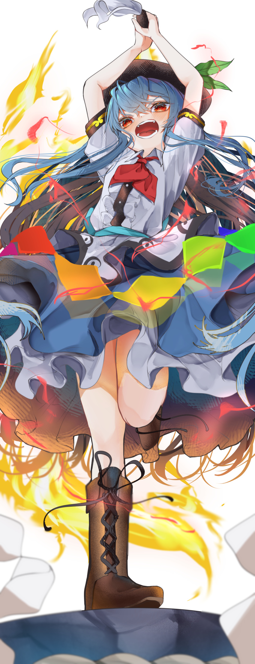 1girl absurdres black_headwear blue_hair blue_skirt blush buttons collared_shirt full_body hat highres hinanawi_tenshi holding holding_sword holding_weapon long_hair open_mouth red_eyes shirt short_sleeves skirt solo sword sword_of_hisou touhou tsune_(tune) weapon white_background white_shirt