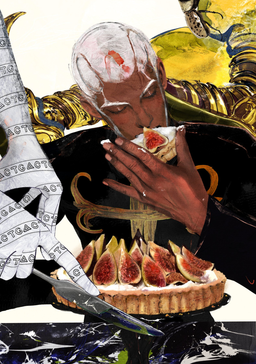 1boy buzz_cut cake cake_slice closed_eyes cnrshd dark-skinned_male dark_skin eating enrico_pucci fig food fruit hand_up highres holding holding_knife jojo_no_kimyou_na_bouken knife male_focus painterly realistic short_hair solo_focus stand_(jojo) stone_ocean table very_short_hair white_hair whitesnake_(stand)